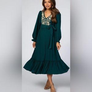In Loom Emerald Floral Embroidered Ruffled Midi Dress